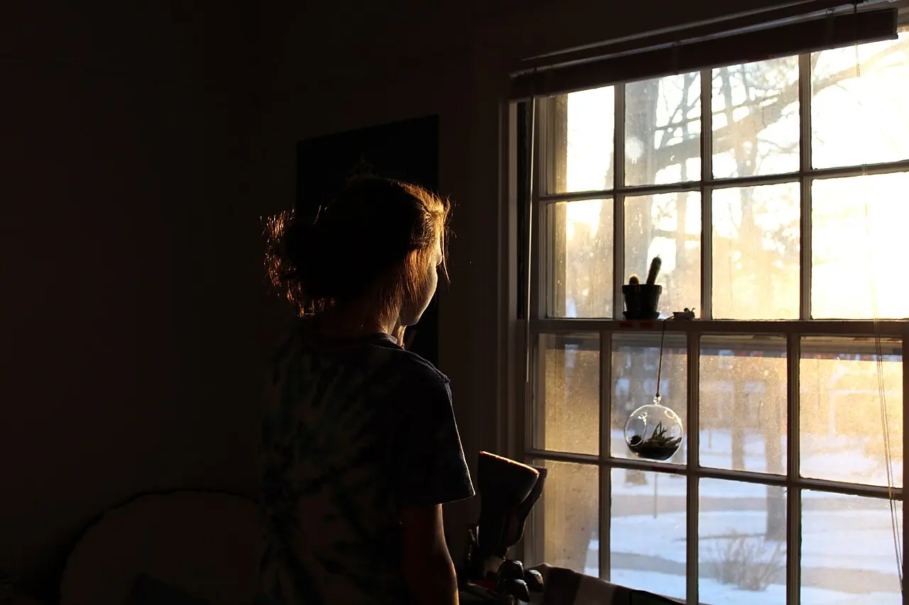 Silhouette of a woman looking through a window